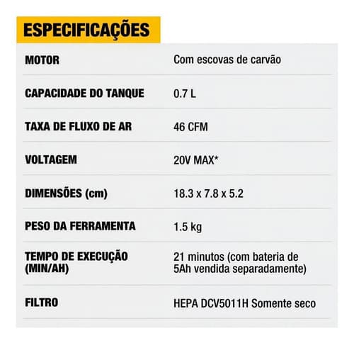 Aspirador De Pó Portátil Industrial Dewalt Modelo Dcv501hb Acompanha 6 Acessórios 20v Amarelo 12
